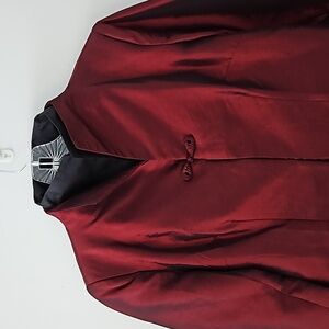 Tangyu iridescent cherry red taffeta‎ blouse with high open collar size small